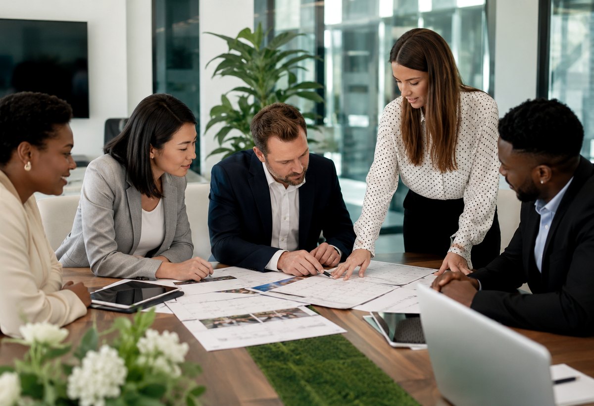 Business team reviewing event planning details