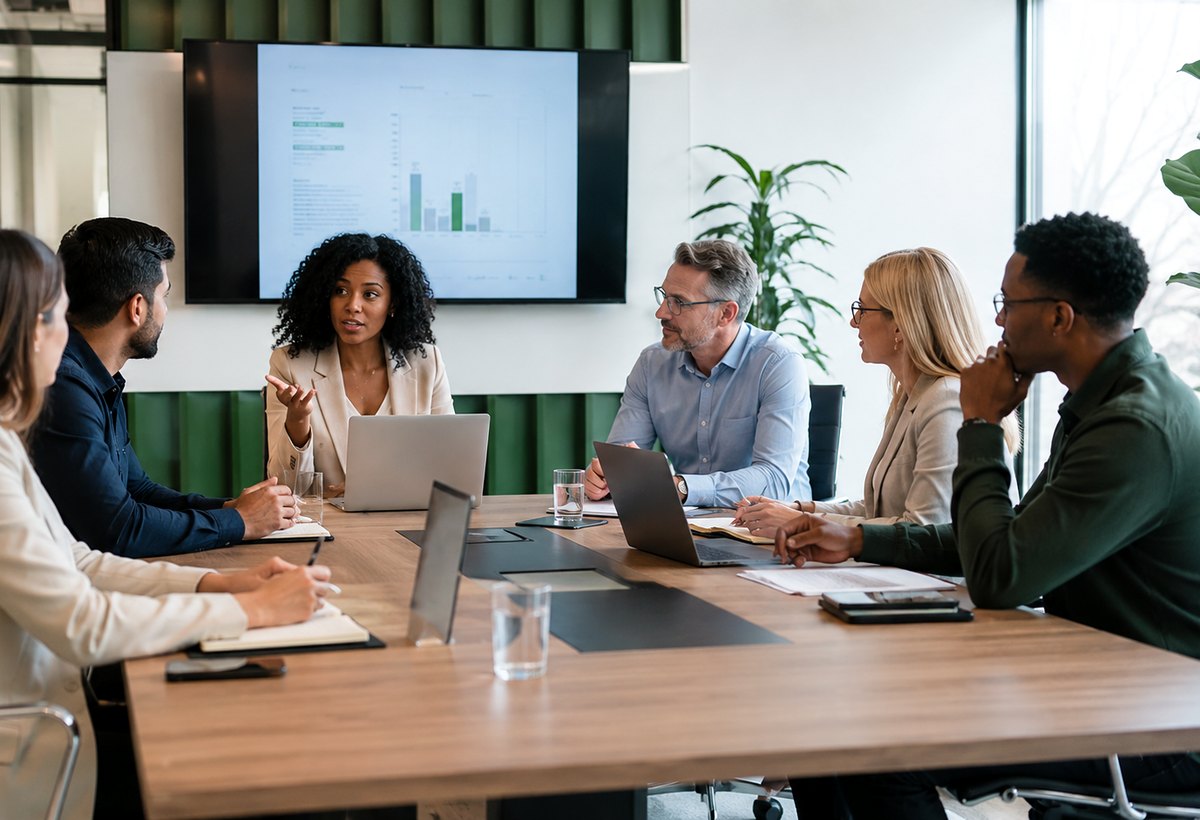 Team discussing meeting room requirements in a modern office
