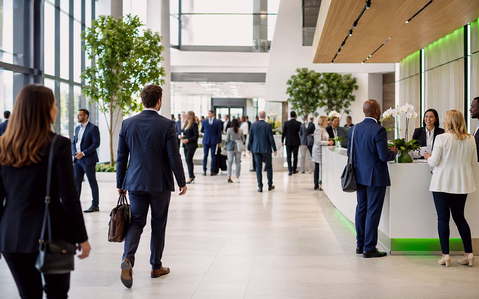 Professionals arriving for a convention and discussing event space needs