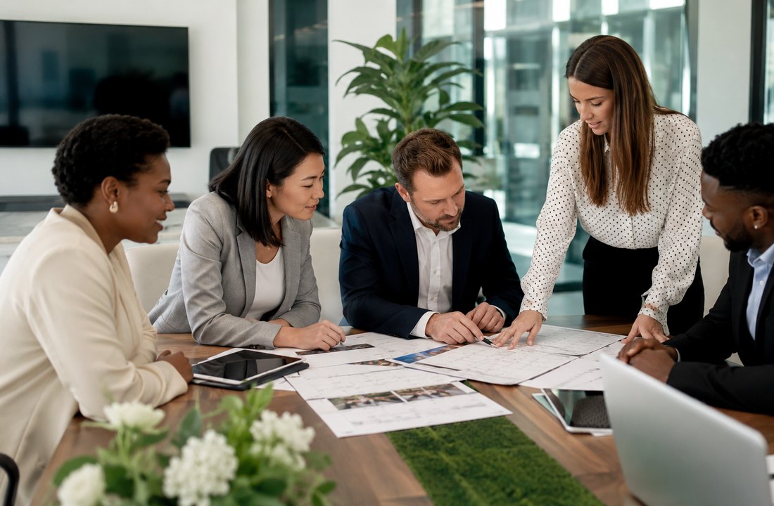 Business people discussing venue needs for a professional event
