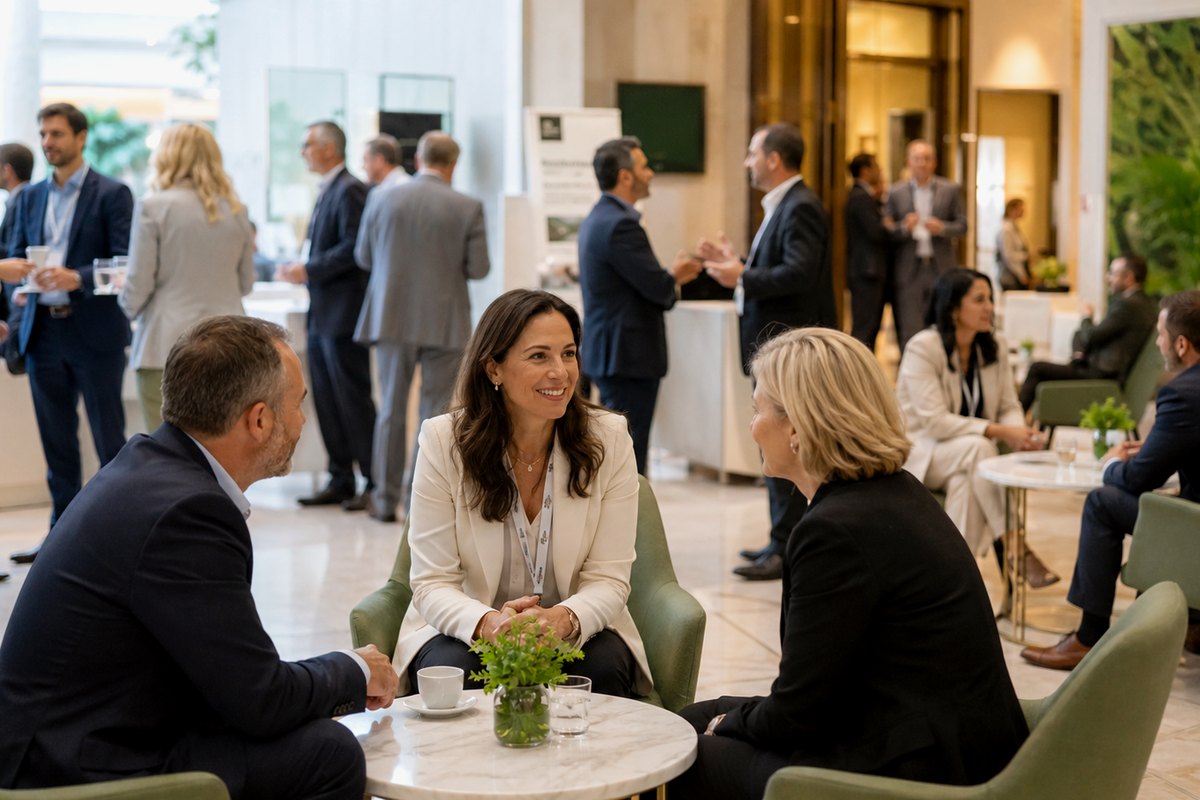 Professionals networking during a business event